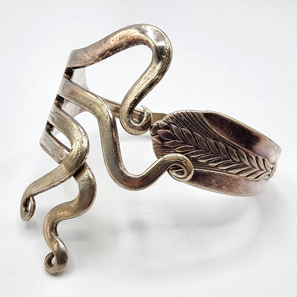 Artisan Made Fork Handle Hinge Clamper Bracelet Abstract Medusa Like Silver Tone